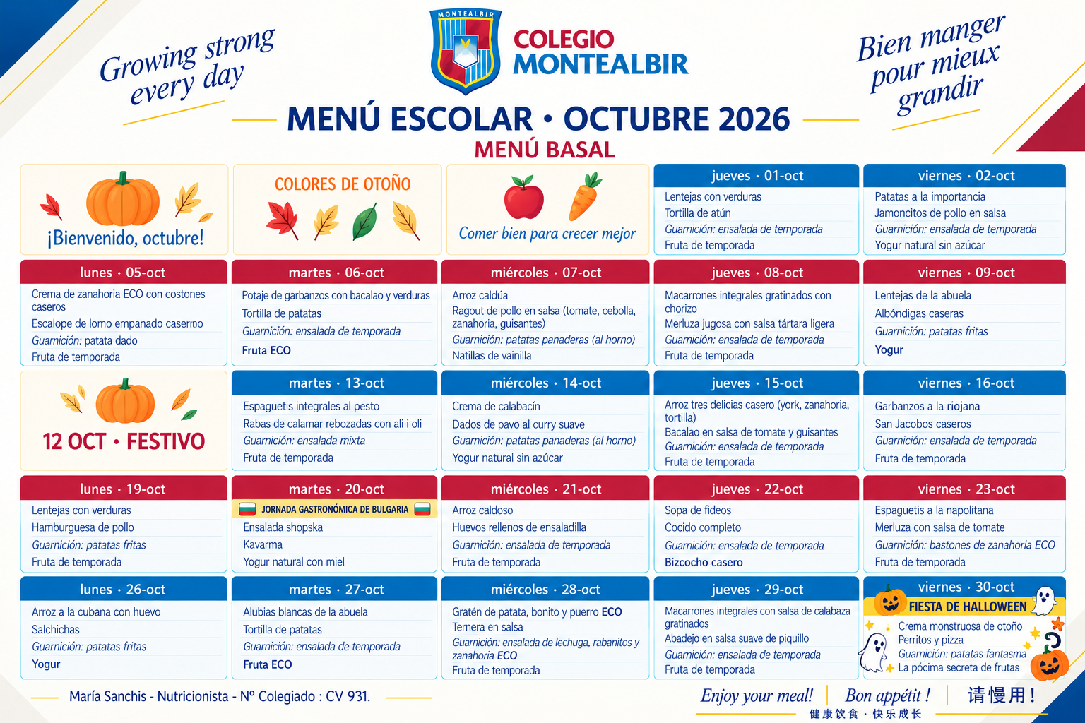 Menú escolar octubre 2026